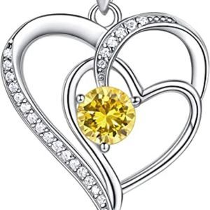 NINAMAID Birthstone Necklace for Women, 18K White Gold Heart Necklace